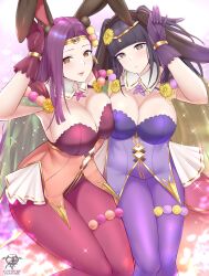 2022 2girls absurdres alternate_costume artist_logo artist_signature black_hair breasts bunny_ears bunny_girl bunny_pose bunnysuit cleavage easter female female_only fire_emblem fire_emblem_awakening fire_emblem_echoes:_shadows_of_valentia highres kaos_art large_breasts leotard looking_at_viewer nintendo official_alternate_costume pantyhose purple_hair slim_waist smile sonya_(fire_emblem) sonya_(spring)_(fire_emblem) tharja_(fire_emblem) tharja_(spring)_(fire_emblem) thick_thighs thighs wide_hips