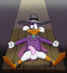 anthro avian bondage bottomless cape darkwing_duck darkwing_duck_(character) duck fedora furry male male_only mask neenya solo solo_male webbed_feet white_feathers