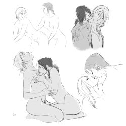 2girls attack_on_titan breast_grab breasts christa_lenz closed_eyes female_only fingering historia_reiss kissing lophilia_spicy monochrome multiple_images nipples nude_female pubic_hair sketch sweat ymir_(shingeki_no_kyojin) yuri