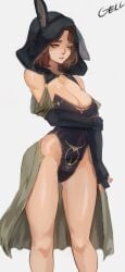 arm_under_breasts armwear bare_shoulders big_breasts black_gloves brown_hair bunny_ears bunnysuit cleavage elbow_gloves elden_ring facial_mark facial_tattoo female female_only fromsoftware gelldraws gloves highleg_leotard hood human leotard looking_at_viewer medium_breasts medium_hair melina_(elden_ring) one_eye_closed outerwear solo wavy_hair wide_hips yellow_eyes