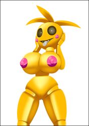 animatronic big_breasts blush breasts breasts_out chicken cosmicsader exposure five_nights_at_freddy's five_nights_at_freddy's_2 holding_head huge_breasts naked nipples nude robot tongue tongue_out toy_chica_(fnaf) white_background