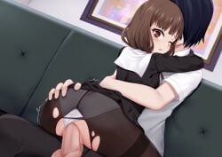 1boy 1girls absurd_res anus ass ass_grab blush brown_eyes brown_hair chr__h clothed_female clothed_sex couch hugging iino_miko ishigami_yu kaguya-sama_wa_kokurasetai_~tensai-tachi_no_renai_zunousen~ lifted panties panties_aside pantyhose pussy ripped_clothing school_uniform sex shuuchiin_academy_uniform skirt thick_thighs thighs uncensored vaginal_penetration