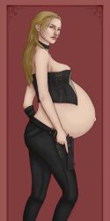 1girls belly big_belly blonde_hair breasts corset devil_may_cry female pregnant solo_female theprophetcat trish_(devil_may_cry)