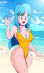 1girls 2d aqua_hair beach big_breasts blue_eyes blue_hair blush breasts canonical_scene dragon_ball dragon_ball_z eye_contact eyewear_on_head female female_focus female_only fringe goggles goggles_on_head hips huge_breasts light-skinned_female light_blue_hair light_skin looking_at_viewer maron one-piece_swimsuit open_mouth petite powkasa shounen_jump smile smiling solo solo_female swimsuit swimwear thick_thighs thighs waving_at_viewer wide_hips yellow_bikini yellow_swimsuit