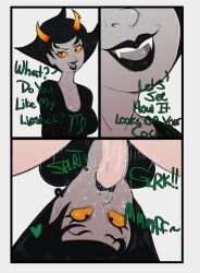 1boy 1girls 2022 black_hair black_lipstick blowjob breasts clothing deepthroat dialogue fangs fellatio female gagging gagging_noise grey_skin guillion_(toshkarts) heart homestuck horns human humanoid interspecies kanaya_maryam lipstick male male_human/female_humanoid ms_paint_adventures naked open_mouth oral penis saliva short_hair straight sweat text throat_fuck troll troll_female white_background white_skin yellow_eyes