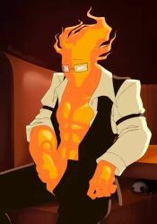 1boy 2d animated blush chest_of_drawers cum cumshot enjoying enjoyment glasses grillby lowres male male_only masculine masturbation mostly_clothed no_sound penis_out solo solo_male suit video