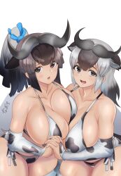 2girls alternate_breast_size animal_ears animal_print asymmetrical_docking bangs bikini black_hair black_wildebeest_(kemono_friends) blue_wildebeest_(kemono_friends) breast_press breasts bridal_gauntlets brown_eyes brown_hair collarbone cow_print cowboy_shot extra_ears eyebrows_visible_through_hair female furrowed_brow grey_hair high_ponytail highres holding_hands horns huge_breasts interlocked_fingers kemono_friends leaning_forward long_hair looking_at_viewer multicolored_hair multiple_girls naochi open_mouth print_bikini print_legwear print_swimsuit skindentation smile strap_gap swimsuit thighhighs two-tone_hair unaligned_breasts