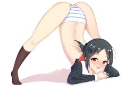 ass black_hair blush heart-shaped_pupils jack-o_pose kaguya-sama_wa_kokurasetai_~tensai-tachi_no_renai_zunousen~ legwear lifting_skirt looking_at_viewer nekomaru_komachi panties pose posing red_eyes red_ribbon school_uniform shinomiya_kaguya shuuchiin_academy_uniform simple_background stockings thick_thighs thighs tied_hair white_background