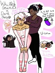 <3 2boys black_hair blush chocolate clothed cookie_run crossed_arms dark-skinned_male dark_choco_cookie dark_skin dialogue eggplant english_text femboy femboy_on_male gay hair hair_up male male/male male_only one_eye_closed pink_background pink_eyes pink_hair short_hair simple_background smile sweat tan_body teasing touching_penis whipped_cream whipped_cream_cookie white_hair wholesome