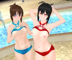 2girls arched_back black_hair blue_bottomwear blue_eyes blue_topwear blush bottomwear_aside brown_hair brown_nipples embarrassed female_only fnafhs fnafhs_z3ro fred_(fnafhs) freddy_(fnafhs) genderswap_(mtf) hands_behind_head light_skin looking_at_viewer multiple_girls pale_skin red_eyes red_nipples rule_63 sarah21sugardust sisters smug striped_topwear topwear_lift