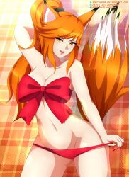 animal_ears female female fox_ears fox_girl fox_tail highres iharuluna nail_polish original panties red_panties ribbon_bra tail underwear yellow_eyes