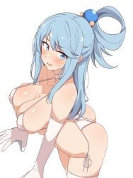 1girls aqua_(konosuba) armwear ass ass big_ass big_breasts big_butt bikini blush breasts eye_contact female female_focus gloves kono_subarashii_sekai_ni_shukufuku_wo! large_breasts legwear long_hair looking_at_viewer micro_bikini pose seihekiog solo standing thick_thighs thighhighs white_background