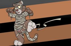 anthro brown_fur disney douglas_benson fangs feline furry male_only mummy_costume neenya one_leg_up open_mouth penis tail talespin testicles whiskers