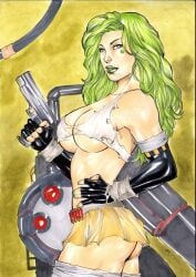 1girls android aphrodite_ix ass big_breasts female green_hair gun image_comics long_hair matheushenrique157 robot_girl skimpy_clothes solo tagme top_cow torn_clothes