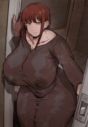 1girls answering_door big_breasts big_thighs breasts busty chainsaw_man curvy curvy_body curvy_female door dress female female_only gerogero51 gigantic_breasts huge_breasts huge_thighs large_breasts large_thighs makima_(chainsaw_man) massive_breasts massive_thighs milf nipples nipples_visible_through_clothing red_hair see-through skimpy skimpy_clothes solo sweat sweat_stain thick_thighs thighs tight_clothing tight_dress venus_body voluptuous voluptuous_female yellow_eyes