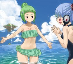 2girls beach bikini blue_bikini blue_hair blue_swimsuit closed_eyes edens_zero female_only floating_island gaston18 green_bikini green_hair green_swimsuit hands_together hermit_mio kleene_rutherford long_hair neutral_expression short_hair small_breasts standing swimsuit tagme water