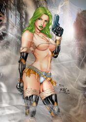 1girls aphrodite_ix big_ass big_breasts detailed_background female firearm green_hair green_lipstick gun handgun human image_comics long_hair muscular_thighs robot_girl solo tagme tony058 top_cow underboob weapon wide_hips