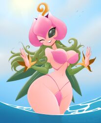 1girls 4_wings bandai big_breasts bikini cleavage digimon digimon_(species) fairy fairy_wings female female_only flower_fairy hourglass_figure huge_breasts hyperflannel leaf leaf_wings leaves lillymon midriff plant plant_girl solo standing_in_water thick_thighs vine_hair vines wide_hips wings