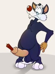 animaniacs anthro black_fur canine dynamite explosives furry glasses gloves male male_only male_penetrated male_urethral_insertion neenya red_nose solo tail tnt urethral_insertion walter_wolf what wolf