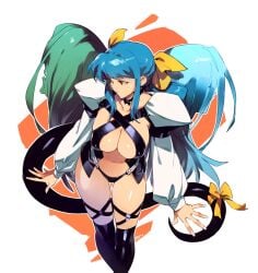 1girls arc_system_works artist_name asymmetrical_wings black_legwear black_panties blue_hair breasts center_opening cleavage closed_mouth dizzy_(guilty_gear) female fingernails guilty_gear hair_ribbon highres large_breasts long_hair long_sleeves looking_to_the_side navel necro_(guilty_gear) no_bra optionaltypo panties red_eyes revealing_clothes ribbon standing tail tail_ornament tail_ribbon thick_thighs thigh_gap thighhighs underboob undine_(guilty_gear) white_background wings yellow_ribbon