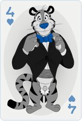 blue_nose bowtie feline four_of_hearts furry kellogg's male male_only mascot neenya partially_colored penis playing_card smile solo striped_fur suit tiger tony_the_tiger transparent_background whiskers