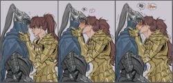 2boys annoyed artorias_the_abysswalker biting_tongue blush brown_hair cowl dark_souls dragon_slayer_ornstein facial_scar french_kiss fromsoftware fully_clothed gay helmet helmet_removed hood kissing knight long_hair long_hair_male looking_at_another male male_only men_kissing ponytail scar siinnk tongue_bite yaoi