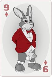 anthro boots bottomless bowtie bunny furry glasses grey_fur male male_only neenya nine_of_diamonds partially_colored peppy_hare playing_card red_eyes solo star_fox suit transparent_background