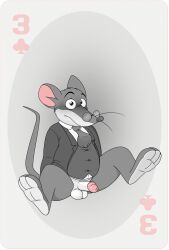 anthro bottomless erection furry geronimo_stilton geronimo_stilton_(series) glasses male mouse necktie neenya partially_colored playing_card sitting suit tail three_of_clubs transparent_background whiskers