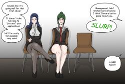 2girls belching big_breasts black_heels chairs crossed_legs dark_blue_hair female genly green_hair imminent_vore multiple_girls offscreen_vore red_tie sexism small_breasts straining_buttons vore