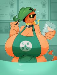 1girls 4_fingers anthro anthro_only anthrofied apron bare_shoulders big_breasts black_sclera breasts cleavage clothed clothes clothing eyebrows eyelashes female female_only glass green_hair hair hair_over_one_eye hips holding holding_object huge_breasts humanoid hyper hyper_breasts iced_latte_with_breast_milk jack-o'-morph large_breasts leaf_hair looking_at_viewer meme orange_body orange_skin pumpkin pumpkin_girl pumpkin_head pumpkin_humanoid smile smiling smiling_at_viewer solo solo_female thegentlebro thick thick_thighs thighs top_heavy vivianne_(thegentlebro) voluptuous wide_hips yellow_eyes