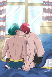 2boys abs ass back bare_back barefoot bed bed_sheet bedroom bend bending bite_mack blush boxers boxers_only closed_eyes crouching feet freckles gay green_hair izuku_midoriya kiss_mark male_only muscle my_hero_academia red_hair scar scratches shouto_todoroki teenage teenage_boy teenager underwear underwear_only white_hair window yaoi