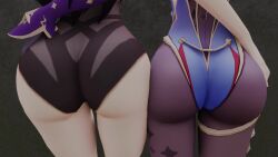 2girls 3d animated ass ass-to-ass ass_focus ass_press beidou_(genshin_impact) black_hair from_behind genshin_impact gloves head_out_of_frame huge_ass jiggle kishi leotard long_hair mona_(genshin_impact) multiple_girls no_sound pantyhose video