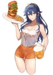 1girls alternate_costume bangs beer_mug blue_eyes blue_hair blush breasts burger cleavage clothes_writing commission cup employee_uniform female female_only fire_emblem fire_emblem_awakening food hair_between_eyes highres hooters long_hair looking_at_viewer lucina_(fire_emblem) mug no_legwear orange_shorts short_shorts shorts simple_background smile solo tank_top tiara toho10min uniform waitress