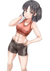 abs alternate_costume bike_shorts black_hair black_shorts brown_eyes female headband highres holding holding_towel kantai_collection koru_pera medium_hair midriff nagara_(kantai_collection) navel one_side_up orange_sports_bra short_hair shorts simple_background solo sports_bra standing sweat towel white_background white_headband