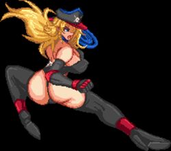 ass blonde_hair dominatrix eclair_(final_fuck) erect_nipples erection_under_clothes final_fuck kicking large_ass large_breasts long_hair nonki pixel_art sprite tight_clothing whip