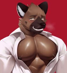 1boy aggressive_retsuko aggretsuko big_pecs blush brown_fur collar furry haida hi_res male male_only muscular muscular_male nipples pecs red_background sanrio sharp_teeth shirt_open smile smiling snout white_shirt