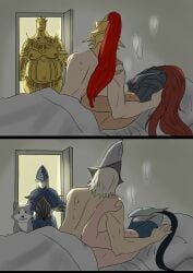 abyss_watchers armor artorias_the_abysswalker caught caught_in_the_act dark_souls dragon_slayer_armour dragon_slayer_ornstein executioner_smough fromsoftware funny great_grey_wolf_sif helmet knight lord's_blade_ciaran meme on_bed sweat walked_in_on yaoi