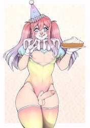 1boy balls ballsack clown clown_boy coco_(bro_aniki) erection femboy food foreskin girly human intact licking licking_lips light_skin long_hair_male male male_nipples male_only multicolored_hair octentai_(artist) penis penis_out retracted_foreskin scrotum solo testicles thighhighs uncut veiny_penis