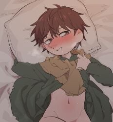 bedroom_eyes blush bottomless breath brown_eyes brown_hair dress_lift horny male male_only moominvalley on_back on_bed open_clothes osasimiyabai pov scarf shirt_lift shirt_up smile snufkin solo sweat the_moomins