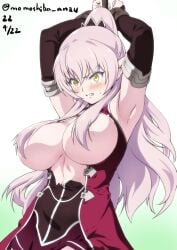 angry ariane_glenys_maple armpits arms_up big_breasts bound bound_wrists breasts breasts_out dark_elf defeated defeated_heroine elf elf_ears elf_female female female_only gaikotsu_kishi-sama_tadaima_isekai_e_o_dekake-chuu glaring hair hair_between_eyes hair_censor hair_over_breasts hair_ribbon high_ponytail huge_breasts nafta partially_clothed pink_hair ponytail restrained scowl skeleton_knight_in_another_world solo tied_up torn_clothes yellow_eyes