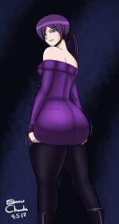 1girls ass_grab big_ass blue_eyes bubble_butt female hand_on_ass hand_on_hip light-skinned_female long_hair looking_at_viewer looking_back original panties pantyhose pantylines ponytail purple_dress purple_hair see-through_clothing snowchanda_(artist) tagme zone-tan