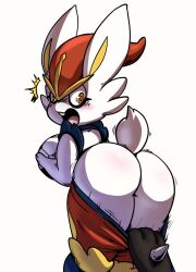 ambiguous_gender anthro ass assisted_exposure ball butt_crack cinderace duo female_cinderace hi_res huge_breasts lagomorph leporid lkiws looking_back lucario mammal nintendo pants_down pokemon pokemon_(species) pokemon_ss shocked_expression shorts shorts_down soccer_ball solo_focus video_games