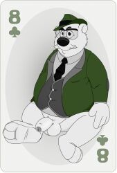 alfred_j._kwak_(series) animal_genitalia bear bottomless fedora furry glasses male partially_colored playing_card solo suit uncut ursine