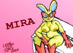 animal_crossing anthro bench big_breasts blue_eyes boots breasts clothing digital_media_(artwork) female footwear fur gloves handwear humanoid lagomorph legwear leporid lewdstuffstack lipstick long_ears makeup mammal mask mira_(animal_crossing) nintendo nipples nude rabbit simple_background sitting smile solo thigh_highs video_games yellow_body yellow_fur