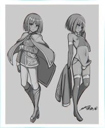 1boy absurdres bare_midriff bare_thighs boots cape crop_top crossdressing elbow_gloves femboy fire_emblem fire_emblem:_radiant_dawn gloves greyscale high_heel_boots highres knee_boots kurthnaga_(fire_emblem) long_sleeves male male_only medium_hair midriff miharu_(971794372) miharu_(artist) monochrome multiple_views navel nintendo nipples otoko_no_ko panties pants penis prince revealing_clothes royalty short_hair solo testicle_peek thigh_boots thighhighs thighs