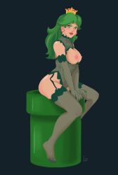 2d breasts crown female_only green_hair green_socks jewelry lingerie lophilia_spicy mario_(series) new_super_mario_bros._u_deluxe nipples piranette piranha_plant socks stockings super_crown thigh_socks thighhighs warp_pipe