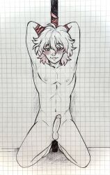 1boy blush bound cute_male danganronpa danganronpa_2:_goodbye_despair erection green_eyes hands_behind_head looking_at_viewer male male_only nagito_komaeda octentai_(artist) pen_(artwork) restrained solo straight_hair tied_up