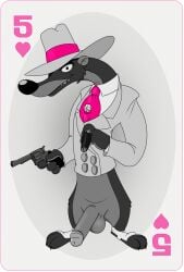 anthro cigar disney fedora firearm five_of_hearts furry gun handgun large_penis male male_only necktie neenya partially_colored pink_border pink_hat pink_necktie pistol playing_card revolver sharp_teeth smart_ass suit transparent_background weapon weasel who_framed_roger_rabbit