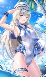 1girls armpits arrings ass_visible_through_thighs beach blue_eyes blue_ribbon bnari breasts cloud coconut_tree female female_only hat holding_object long_hair looking_at_viewer original original_character ribbon sailor_hat sailor_swimsuit seaside sky solo solo_female splashing sunglasses sunglasses_on_forehead sunglasses_on_head sunny_day swimsuit thick_thighs thighs volleyball water