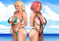 2girls big_breasts bikini blonde_hair boruto:_naruto_next_generations breasts brown_eyes cleavage facial_mark female female_only forehead_mark green_eyes huge_breasts jnsdh landscape large_breasts looking_at_viewer mature mature_female milf multiple_girls naruto naruto_(series) ocean older_female one-piece_swimsuit pink_hair sakura_haruno sling_bikini slingshot_swimsuit strapless strapless_bikini swimsuit take_your_pick teacher_and_student tied_hair tsunade twintails voluptuous water wide_hips